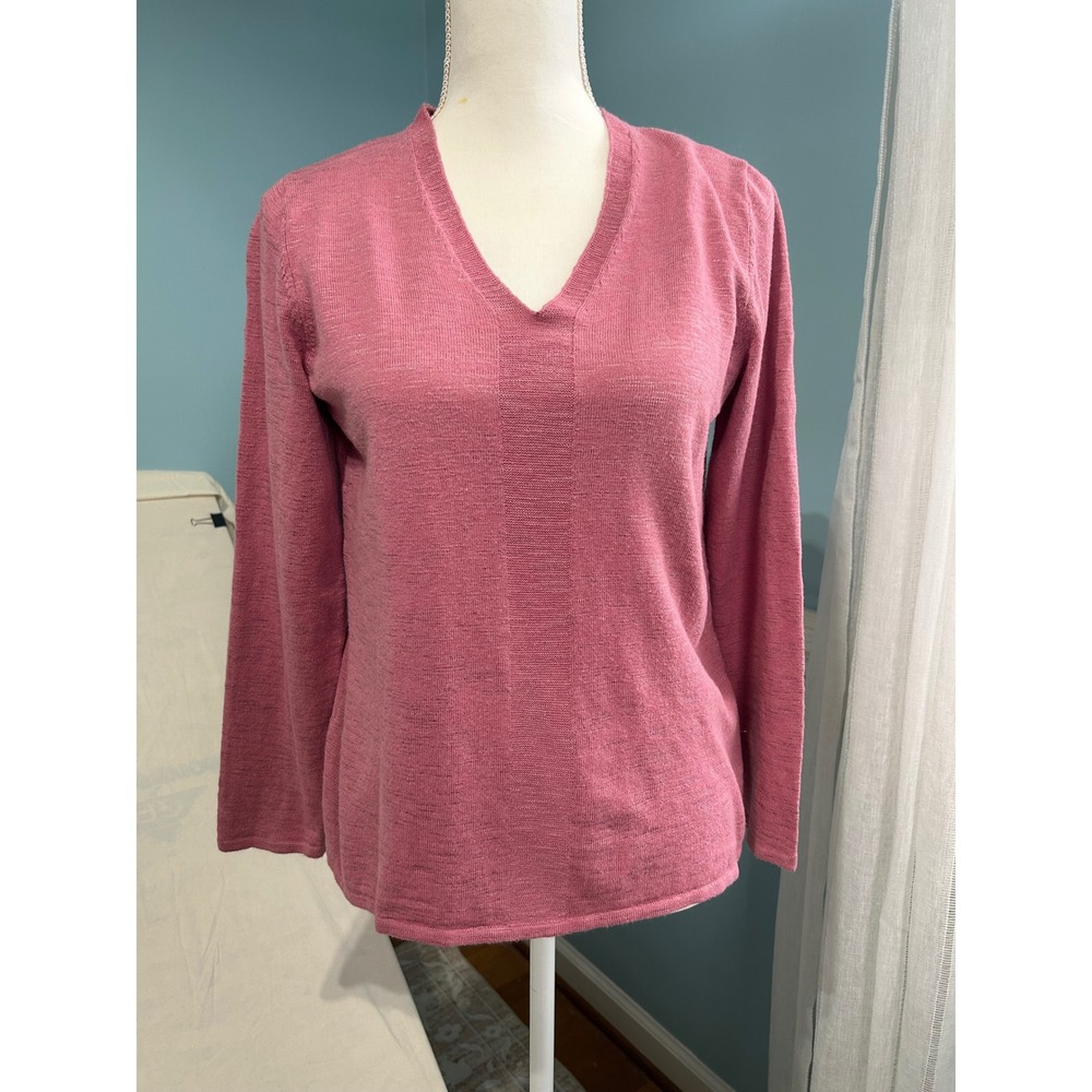 J. Jill Womens V-Neck Slub Knit Sweater Pink Long Sleeve Ribbed Panel Top Medium